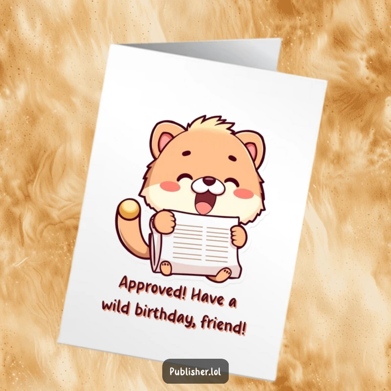Funny Free Printable Birthday Card: Fuzzy animal enthusiastically stamping a big document, celebrating with joy, downloadable art.