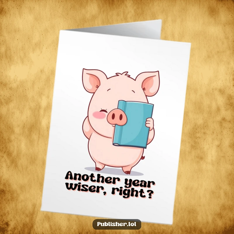 Funny Free Printable Pig Birthday Card featuring a plump pig holding a new book with pride, ready for gifting.