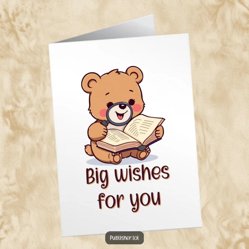 Free Printable Birthday Card: Small bear gleefully studying a manuscript with a magnifying glass, for a humorous birthday.