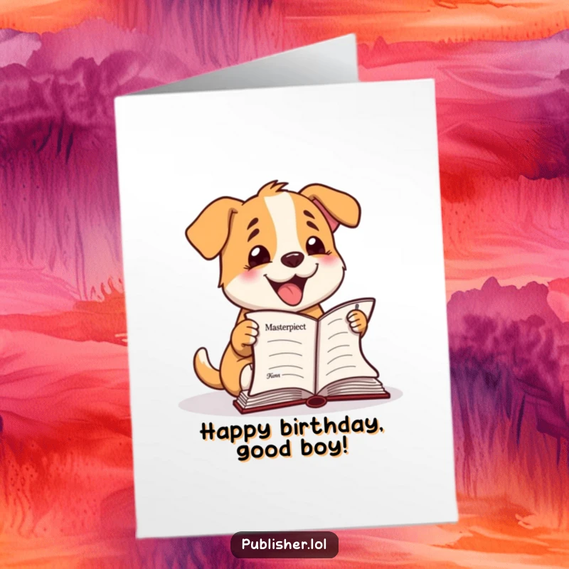 Funny Free Printable Birthday Card: Happy dog character enthusiastically barking at a completed manuscript with excitement.