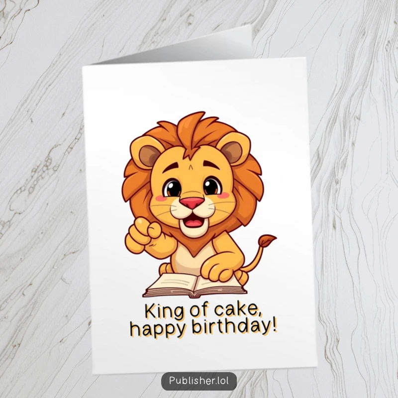 Funny Free Printable Birthday Card: Decisive lion points proudly at a manuscript, letting out a mighty roar.