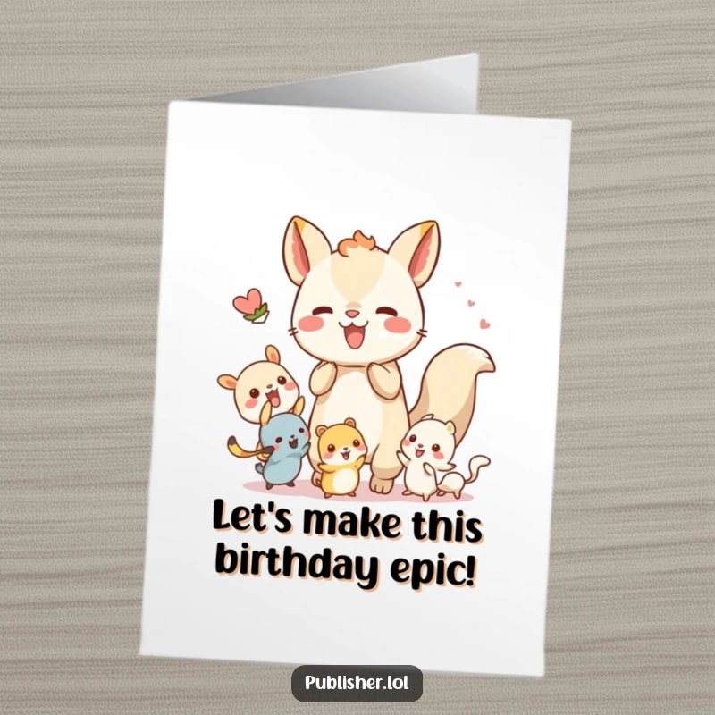 Funny Free Printable Birthday Card: A whimsical animal leads a team of tiny creatures in a lively birthday collaboration.