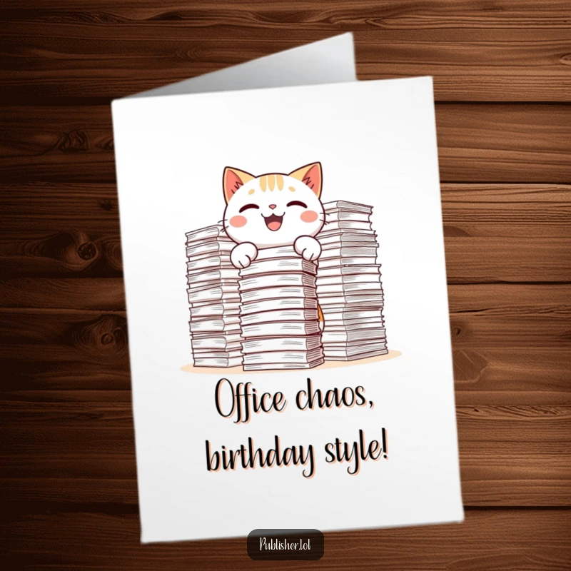 Funny Free Printable Birthday Card featuring a kawaii cat gleefully stacking piles of papers with a huge, happy grin.