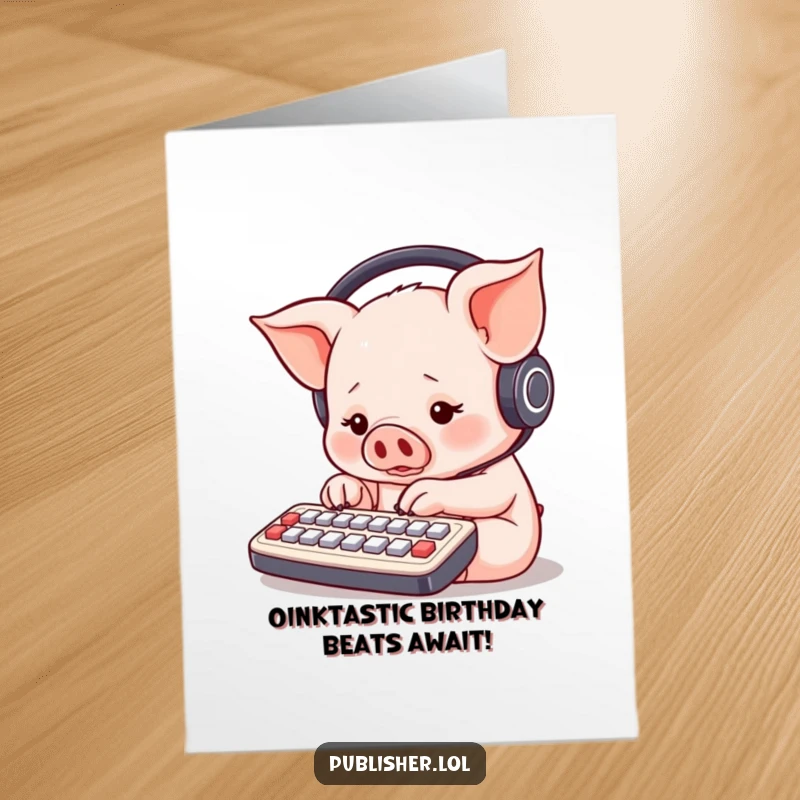 Funny free printable birthday card of a round piglet wearing headphones, furiously typing on a small keyboard with many paws.