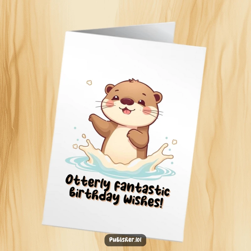 Funny Free Printable Birthday Card: Otter joyfully splashes a new book cover, celebrating with a watery surprise.