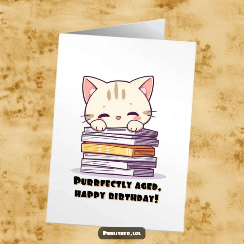 Funny Free Printable Birthday Card: Curious cat character peeking inquisitively over a tall stack of printed pages.