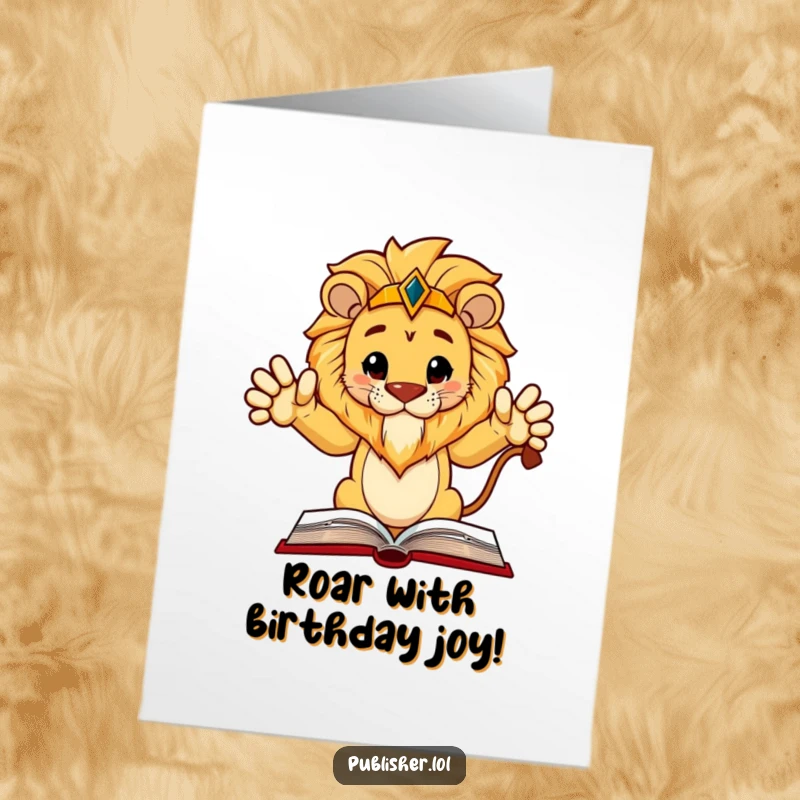 Funny Free Printable Birthday Card: Regal lion character authoritatively pointing at a book layout with a commanding gesture.