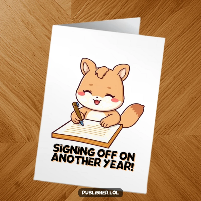 Funny Free Printable Birthday Card: A friendly animal character proudly signs a document with an impressive, grand flourish.