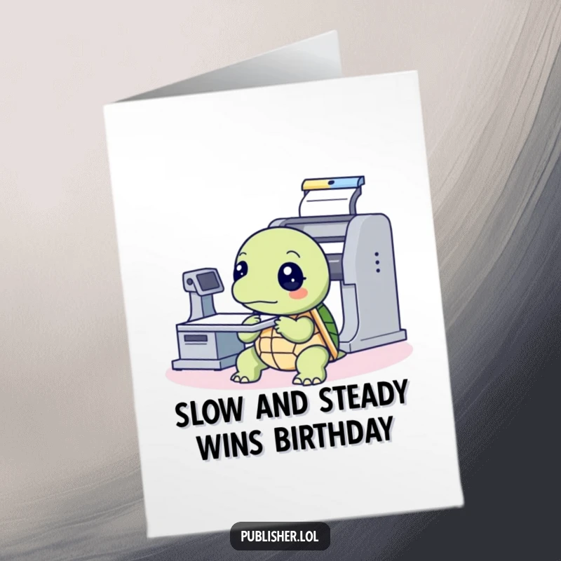 Thoughtful Free Printable Turtle Birthday Card: Turtle intently studying a printing press, representing a wise and steady celebration.