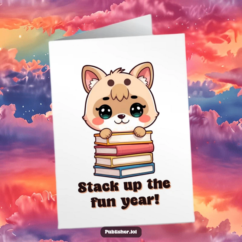 Funny Free Printable Birthday Card: Cute animal determinedly stacking books with precision, celebrating a birthday with studious enthusiasm.