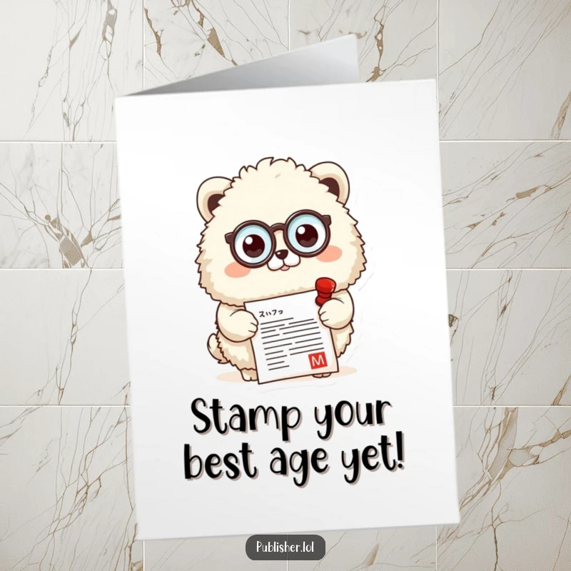 Funny Free Printable Birthday Card: Fluffy animal in a monocle, stamping a document approvingly, celebrating a birthday with class.