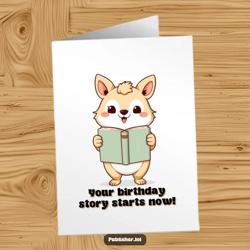 Funny Free Printable Birthday Card: An animal character proudly presents a finished book with a dramatic, grand gesture.