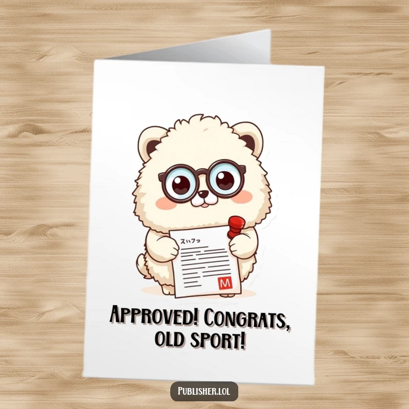 Funny Free Printable Congratulations Card: Fluffy animal wearing a monocle, stamping a document with approval, celebrating a successful achievement.
