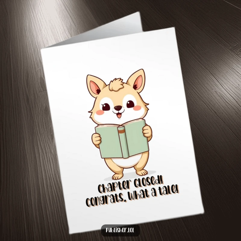 Funny Free Printable Congrats Card: An animal character makes a grand gesture presenting a newly finished book.