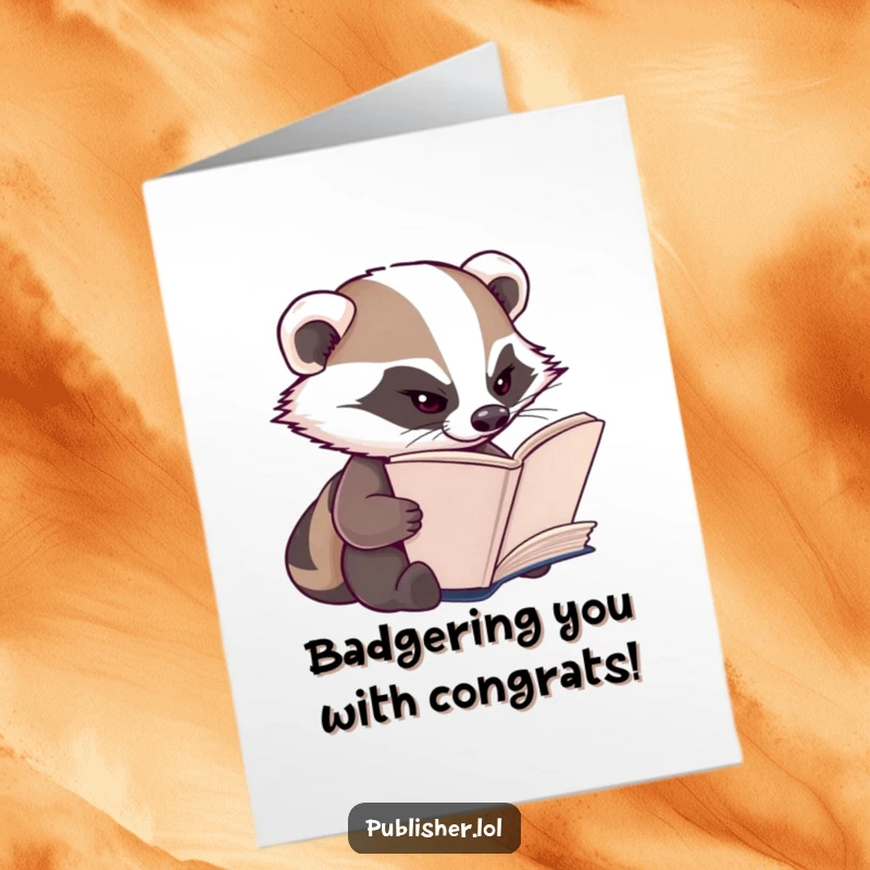 Funny Free Printable Congratulations Card: Determined badger approves of a bookish accomplishment with a critical squint.