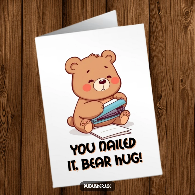 Funny Free Printable Bear Congratulations Card: Clumsy bear fumbles with stapler, a humorous take on success.