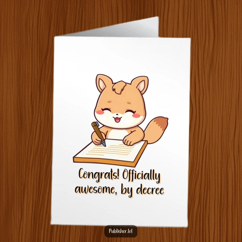Funny Free Printable Congrats Card: An animal character with a smile signs an important document with a flourish.