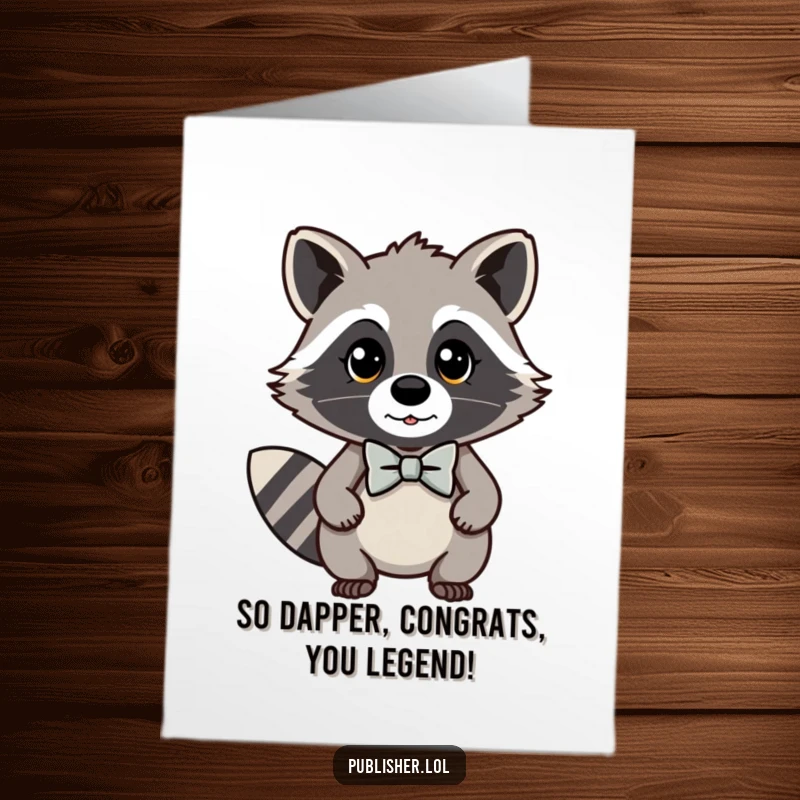 Free Printable Congratulations Card: An important-looking kawaii raccoon wearing a bow tie, ready to celebrate success.