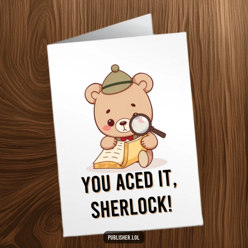 Funny Free Printable Congratulations Card featuring a small bear in a wee hat closely examining a document with a magnifying glass.