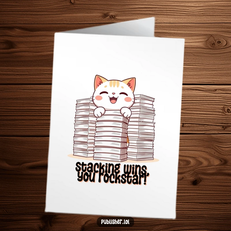 Funny Free Printable Congratulations Card with a kawaii cat joyfully piling up paper with a mischievous grin.