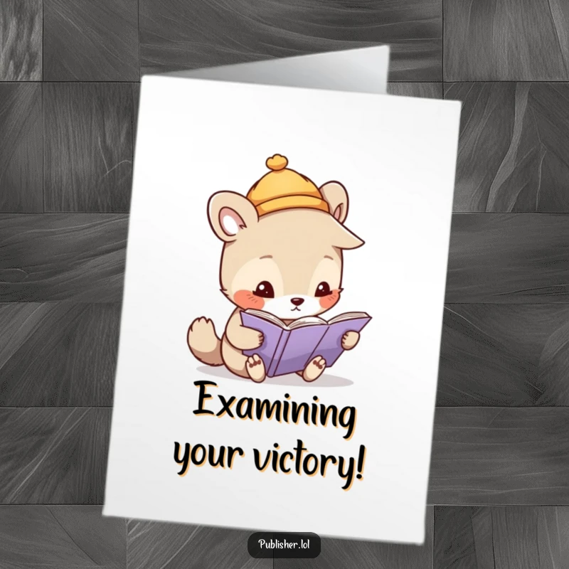 Free Printable Congratulations Card featuring a whimsical animal in a tiny hat, closely inspecting a page with an air of scholarly focus.