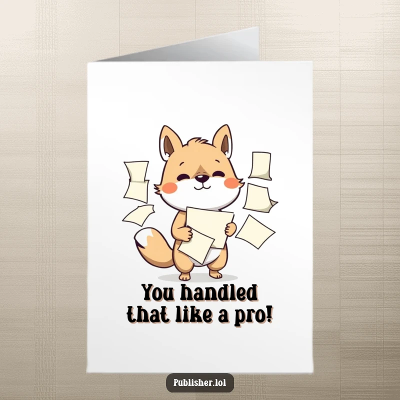 Free Printable Congratulations Card: A determined animal expertly handles a flurry of flapping papers, symbolizing busy success.