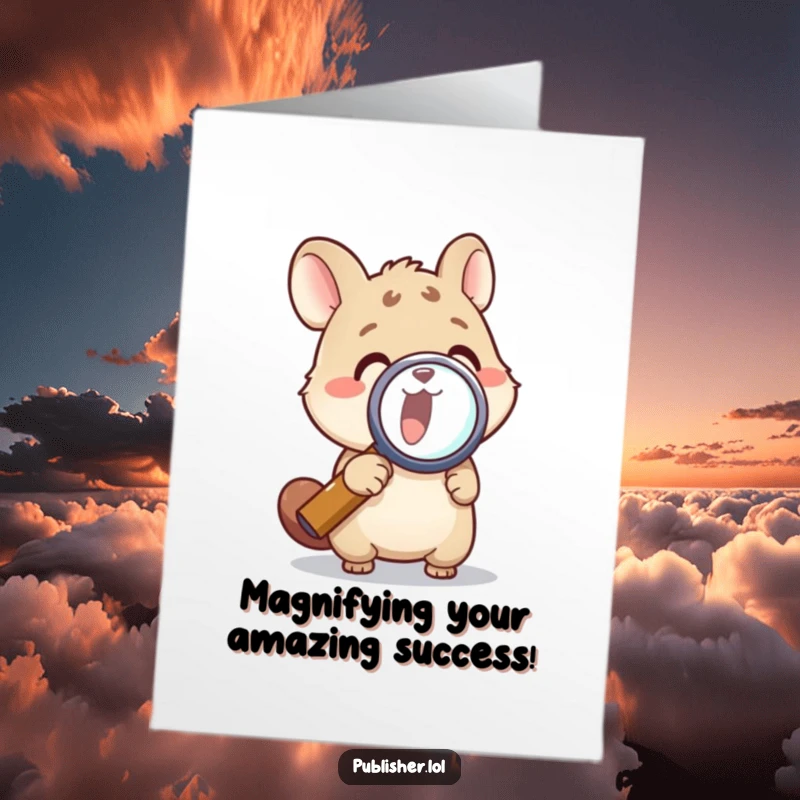 Funny Free Printable Congrats Card: Animal excitedly peering through a magnifying glass, focused on discovery, downloadable art.