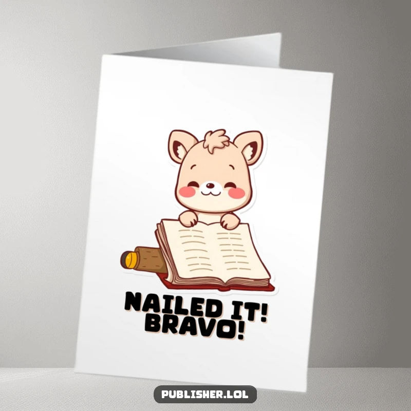 Funny Free Printable Congrats Card: Bouncing animal character giving a thumbs-up and nodding at a manuscript.