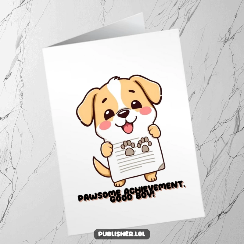 Funny free printable congratulations card with a happy dog enthusiastically stamping a document with a proud paw mark.