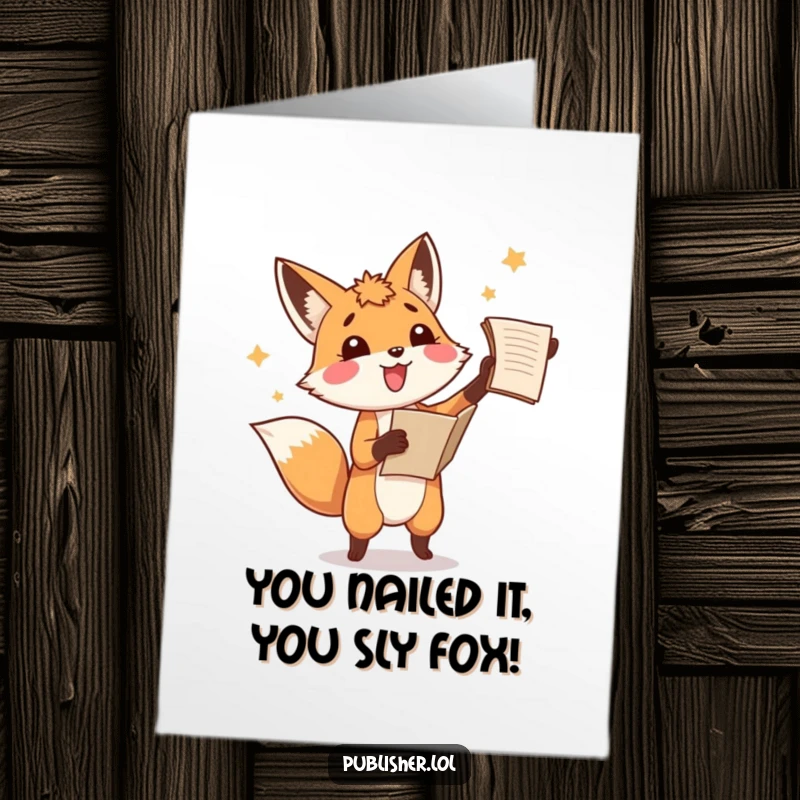 Funny Free Printable congratulations card: A playful fox gleefully throws a manuscript skyward, celebrating a momentous achievement with pure amusement.