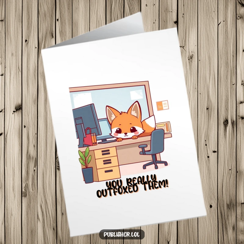 Funny Free Printable Fox Congratulations Card: Curious fox peeking from office desk, celebrating success with humor.