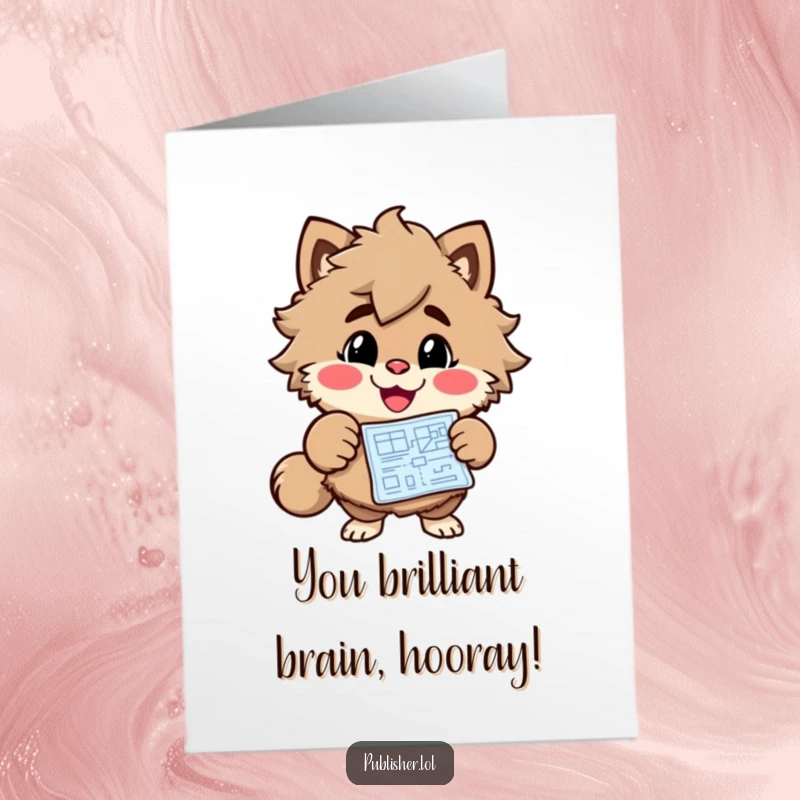 Funny Free Printable Congratulations Card: Cheerful furry character pointing excitedly at a blueprint. Hilarious and inspiring design.