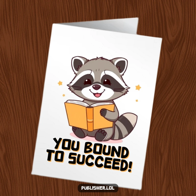 Funny Free Printable Congrats Card: A happy raccoon enthusiastically binding stories, celebrating success with a chuckle.