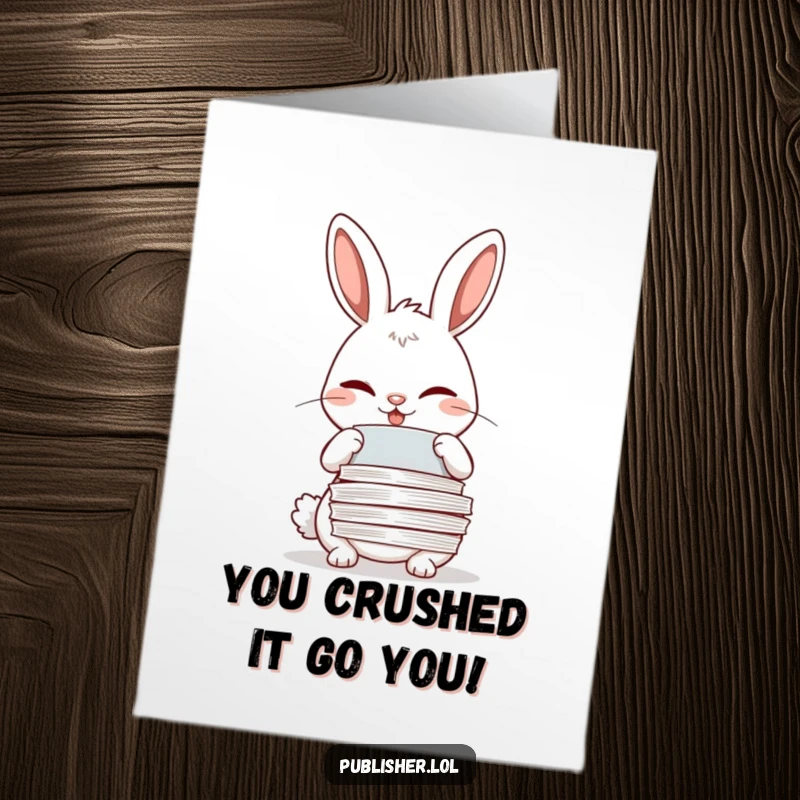 Funny Free Printable Congrats Card: Winking rabbit masterfully organizes papers, celebrating your achievement with a knowing, meticulous grin. Downloadable art.