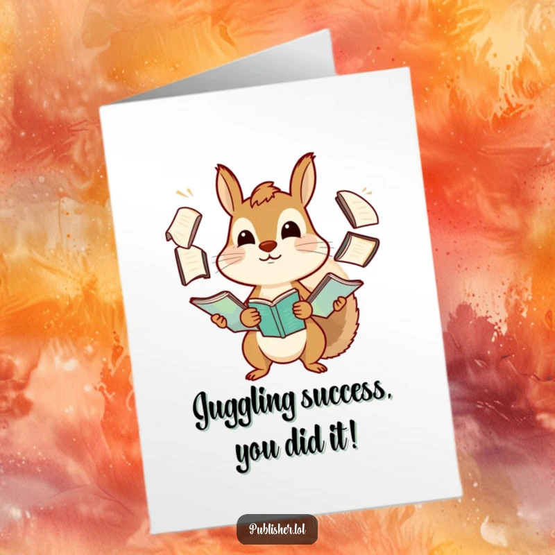 Funny Free Printable Congratulations Card: A squirrel comically juggling manuscripts, celebrating academic or work success with humor.