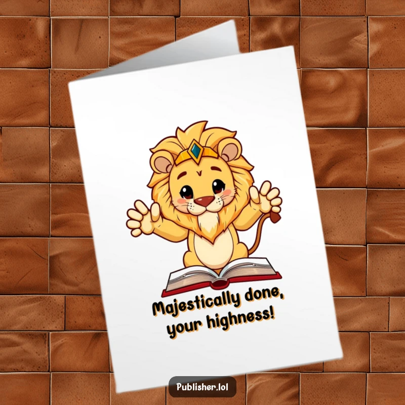Funny Free Printable Congratulations Card: Regal lion character gesturing authoritatively towards a detailed layout in an open book.
