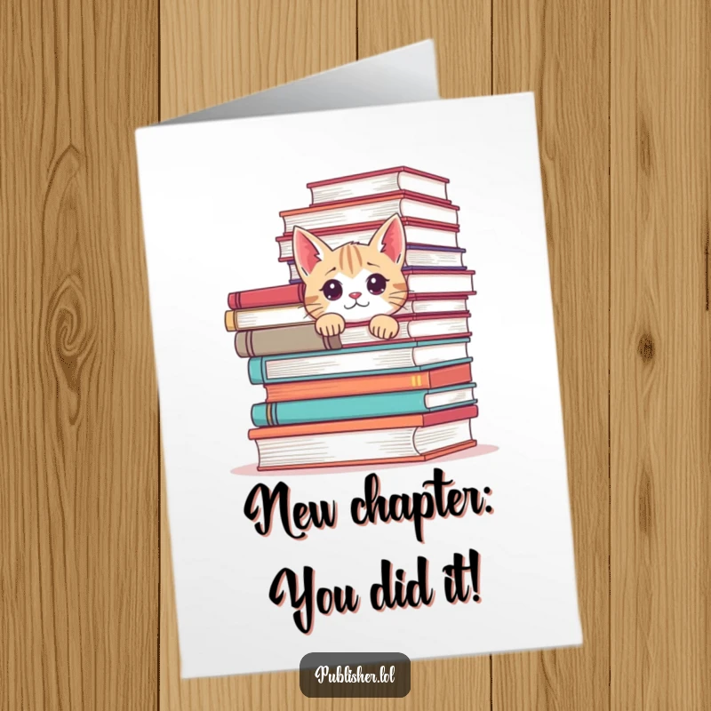 Funny Free Printable Congratulations Card: Curious cat peeking out from behind a huge stack of books.