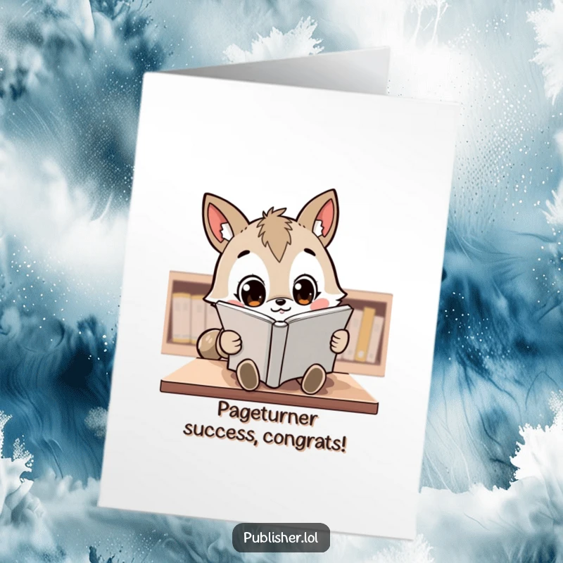 Funny Free Printable Congrats Card: Kawaii animal character intently reviewing a manuscript with wide, focused eyes, approving their success.