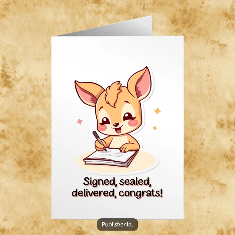 Free Printable Congratulations Card: A happy fawn joyfully signing a document with a flourish, celebrating an achievement.