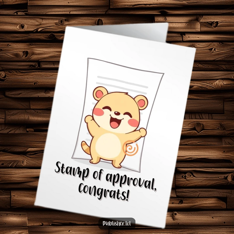 Funny Free Printable Congrats Card: Cute animal character enthusiastically stamping a large document, officially approving their success with a grin.