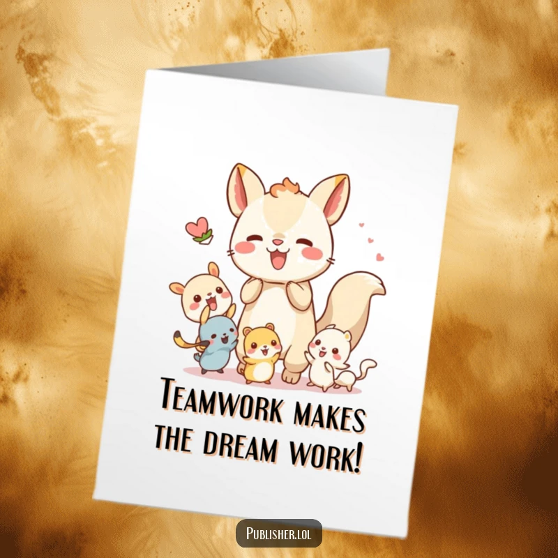 Free Printable Congratulations Card: A whimsical animal and tiny companions energetically collaborate, celebrating shared victory joyfully.