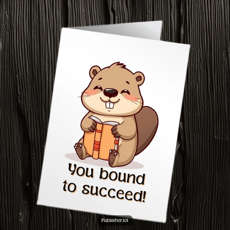 Free Printable Congratulations Card featuring a helpful beaver character binding a book with gusto, signifying a successfully completed project.