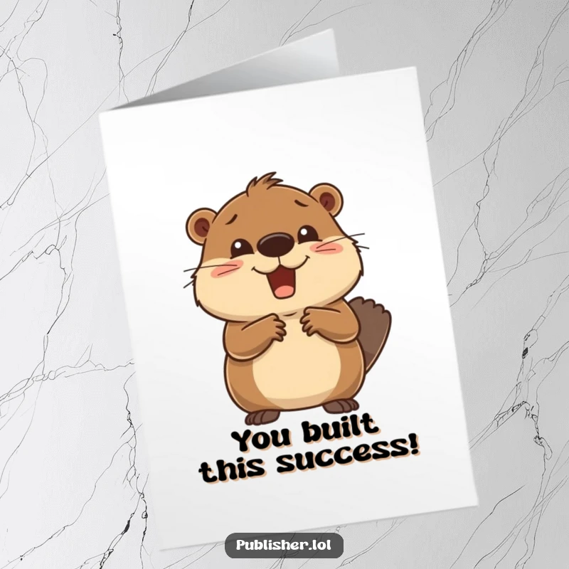 Funny Free Printable Beaver Congratulations Card: Delighted beaver shaking hands, celebrating a big win with excitement.