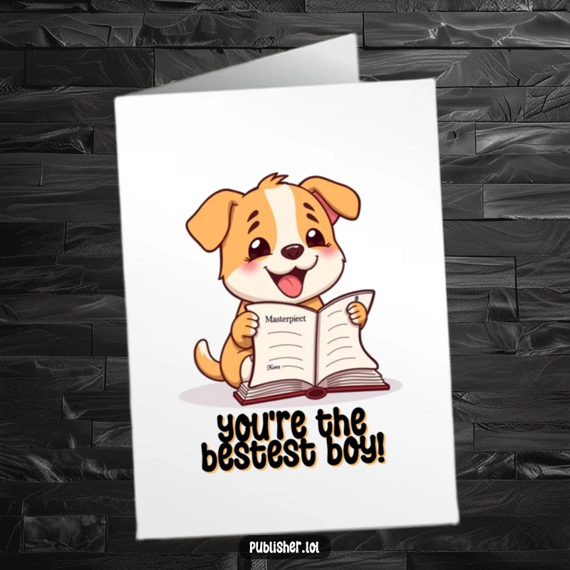 Funny Free Printable Congratulations Card: Happy dog character excitedly barking at a finished manuscript with pure joy.
