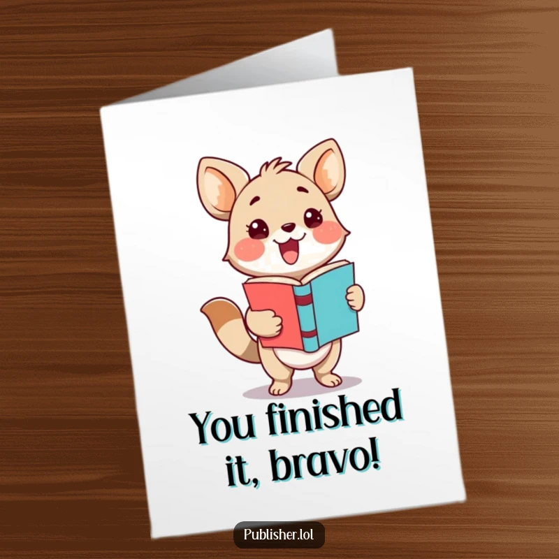 Free Printable Congratulations Card showing an adorable animal character triumphantly presenting a completed book with a cheerful flourish, celebrating success.
