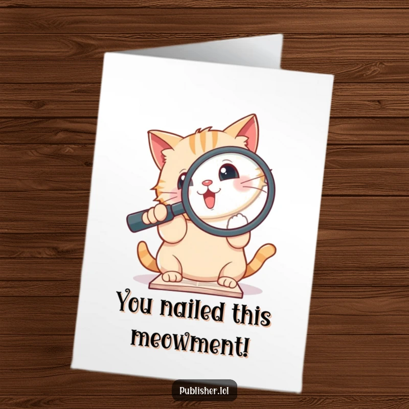 Free Printable Congratulations Card with a cute cat enthusiastically using a giant magnifying glass to scrutinize a document, signifying discovery.