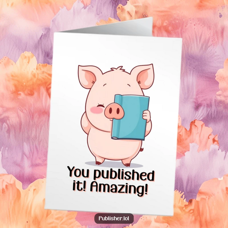 Funny Free Printable Pig Congratulations Card, showing a proud pig holding a freshly printed book, celebrating an achievement.