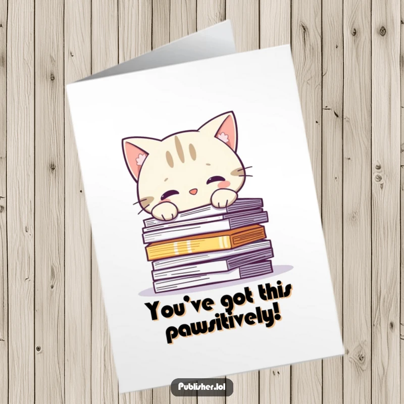 Funny Free Printable Congratulations Card: Curious cat character peeking over a substantial stack of printed documents.