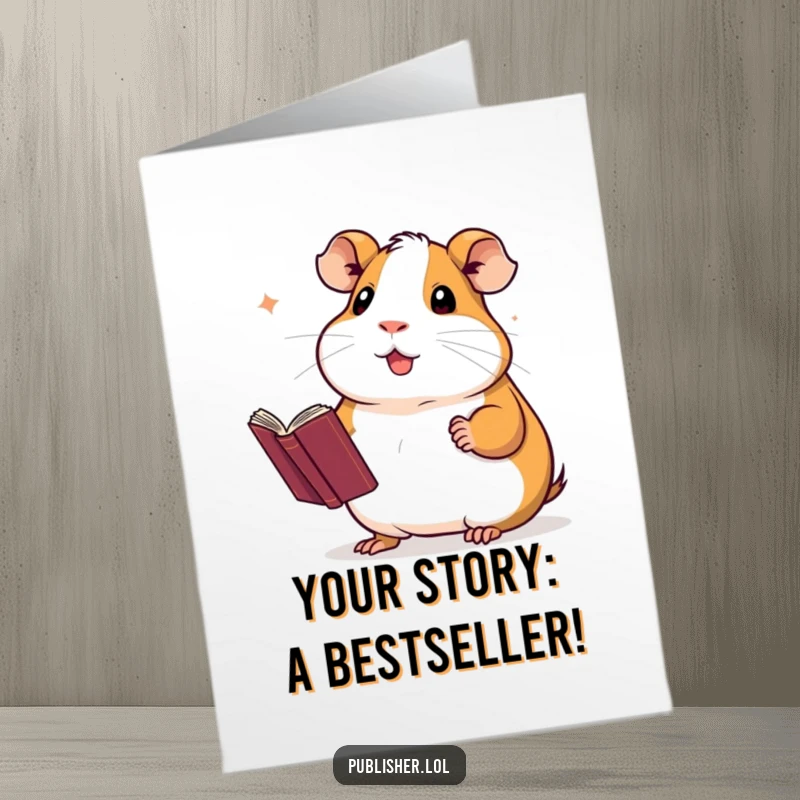 Funny Free Printable Congratulations Card: Proud guinea pig presenting a newly finished novel with a proud flourish.