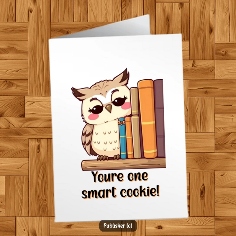 Free Printable Congratulations Card featuring a thoughtful owl character serenely smiling while surveying a shelf of published works.